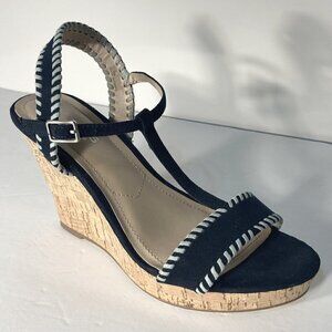 Charles David SZ 9.5 Denim Blue Suede Ankle T-Strap Cork Wedges